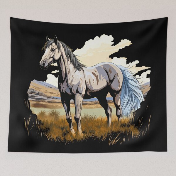 Item preview, Beautiful grey arabian horse grazing on a country meadow illustration designed and sold by NBSStore.