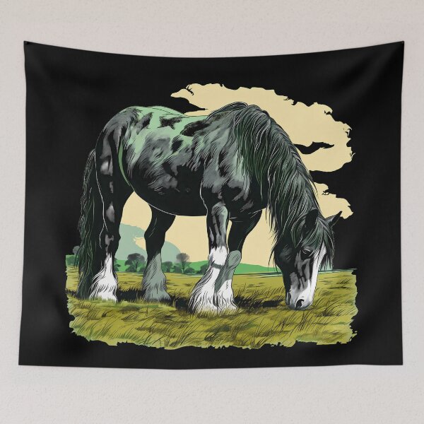 Item preview, Beautiful black shire horse grazing on a country meadow illustration designed and sold by NBSStore.