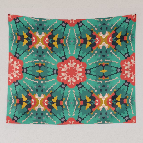 Artikelvorschau, Retro-Mandala-Blume Rot, Blau und Gelb entworfen und verkauft von WormholeOrbital.