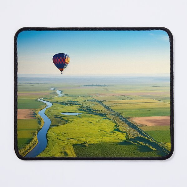 Artikelvorschau, Luftballon am Himmel, der über Hügel und Fluss fliegt - Landschaftsfotografie entworfen und verkauft von TheArtistOf2022.