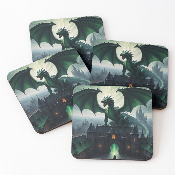 Item preview, A gigantic green dragon above a medieval city - Oil painting style designed and sold by Giuseppe Cammino.