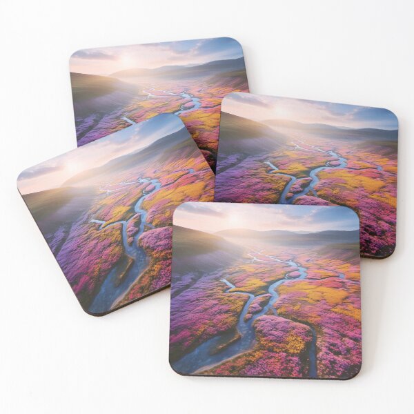 Item preview, Misty fields of flowers with river at sunset long exposure - Landscape photography designed and sold by TheArtistOf2022.