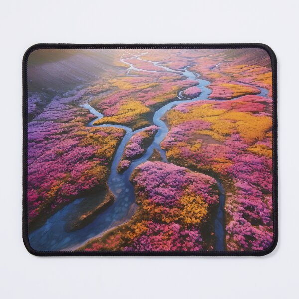 Item preview, Misty fields of flowers with river at sunset long exposure - Landscape photography designed and sold by TheArtistOf2022.