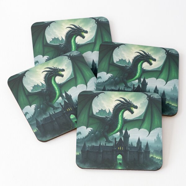 Item preview, A gigantic green dragon above a medieval city - Oil painting style designed and sold by Giuseppe Cammino.