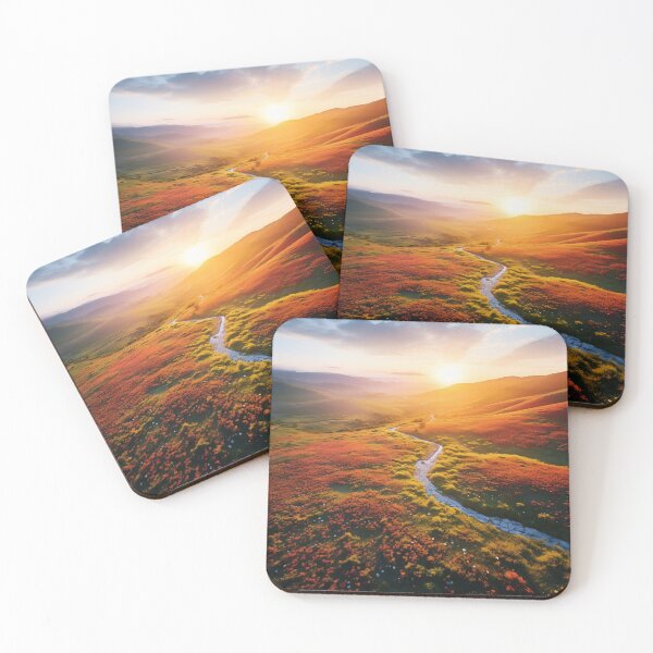 Item preview, Misty fields of flowers with river at sunset long exposure - Landscape photography designed and sold by TheArtistOf2022.