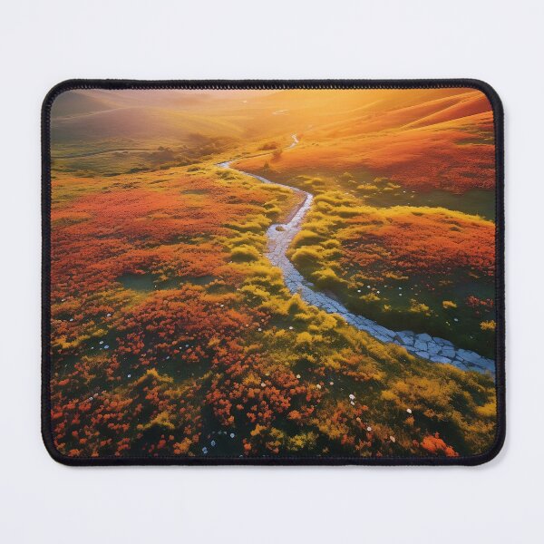 Item preview, Misty fields of flowers with river at sunset long exposure - Landscape photography designed and sold by TheArtistOf2022.