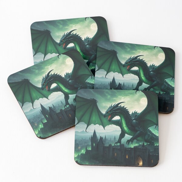 Item preview, A gigantic green dragon above a medieval city - Oil painting style designed and sold by Giuseppe Cammino.
