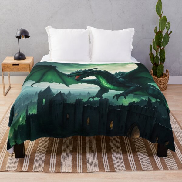 Item preview, A gigantic green dragon above a medieval city - Oil painting style designed and sold by Giuseppe Cammino.
