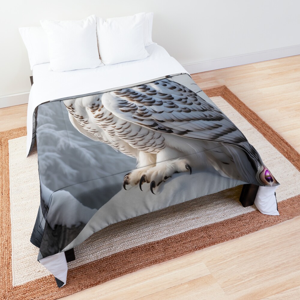 A Snowy Owl Perched On A Snow Mound In The Forest Raptor Portrait AI Concept Art by Xzendor7 Decorative Comforter Art Print