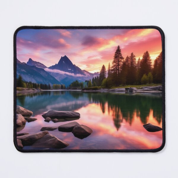 Item preview, Mountains and trees in lake at sunset in long exposure - Landscape photography designed and sold by TheArtistOf2022.