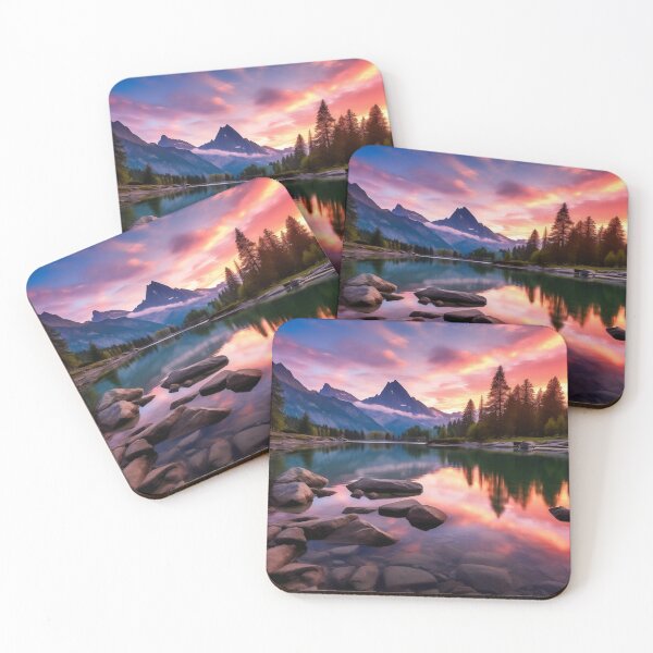 Item preview, Mountains and trees in lake at sunset in long exposure - Landscape photography designed and sold by TheArtistOf2022.