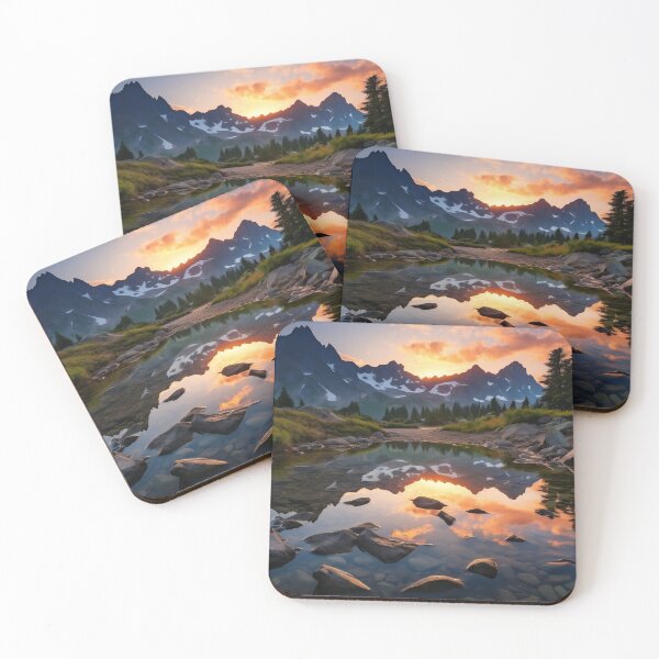 Item preview, Mountains and trees in lake at sunset in long exposure - Landscape photography designed and sold by TheArtistOf2022.