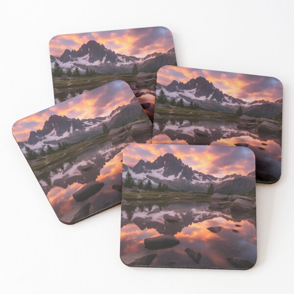 Item preview, Mountains and trees in lake at sunset in long exposure - Landscape photography designed and sold by TheArtistOf2022.