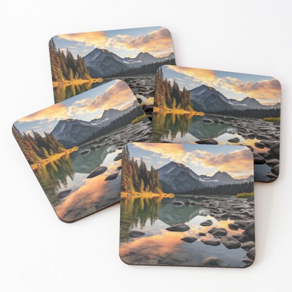 Item preview, Mountains and trees in lake at sunset in long exposure - Landscape photography designed and sold by TheArtistOf2022.