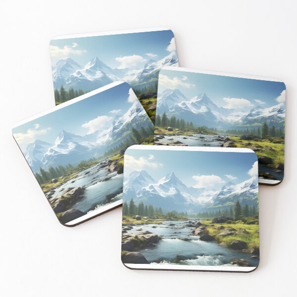 Item preview, Misty river in a green valley with mountains long exposure - Landscape photography designed and sold by TheArtistOf2022.