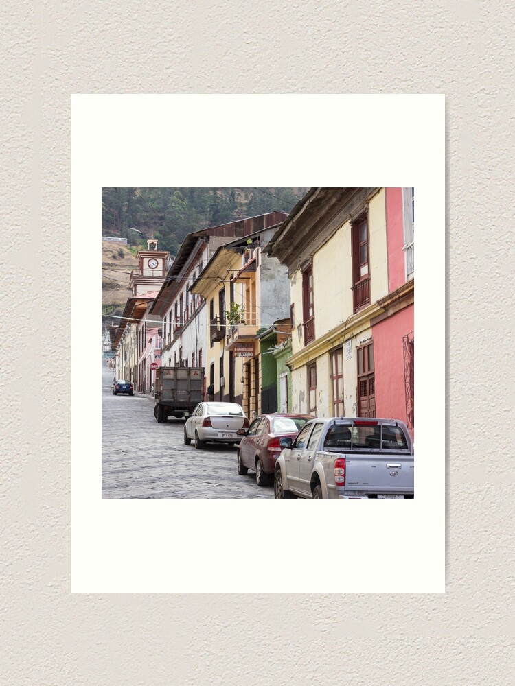 Alternate view of Steep city street with coloured buildings, Alausi, Ecuador Art Print
