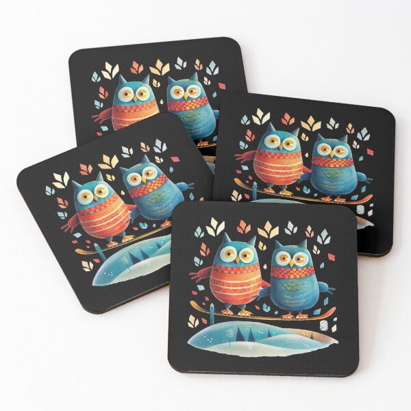 Item preview, Colorful owls on the ski slope abstract painting designed and sold by WallGemsArt.