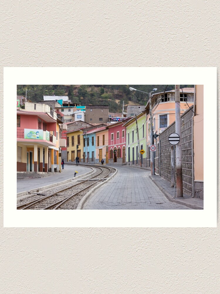 Alternate view of Railroad tracks winding through Alausi colourful streets, Ecuador Art Print