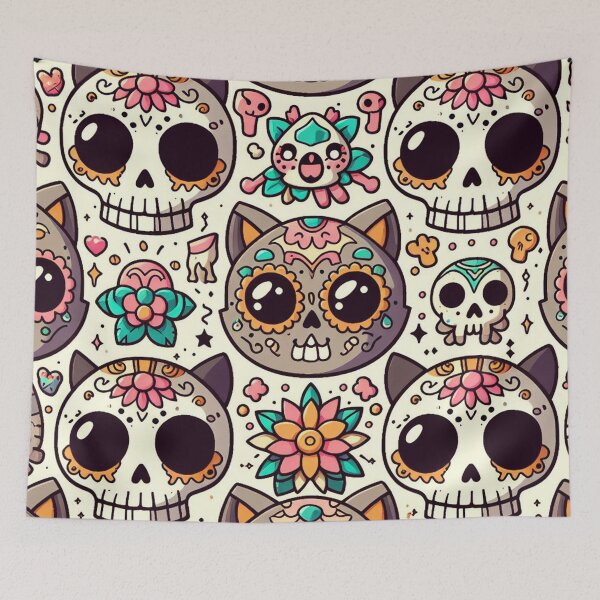 Item preview, Day of the Dead Cats Illstration Pattern designed and sold by DoggoTankDesign.