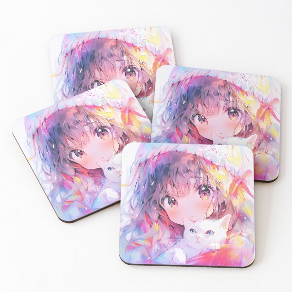 Item preview, Whimsical Dreamy White Kitten and Anime Girl designed and sold by bubblegoth.