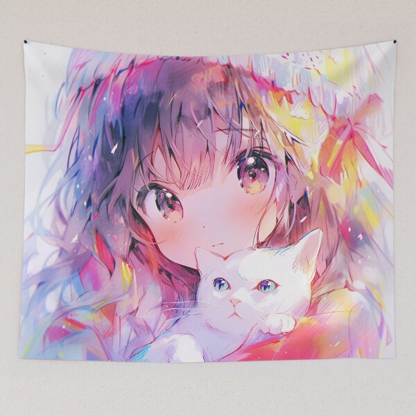 Item preview, Whimsical Dreamy White Kitten and Anime Girl designed and sold by bubblegoth.