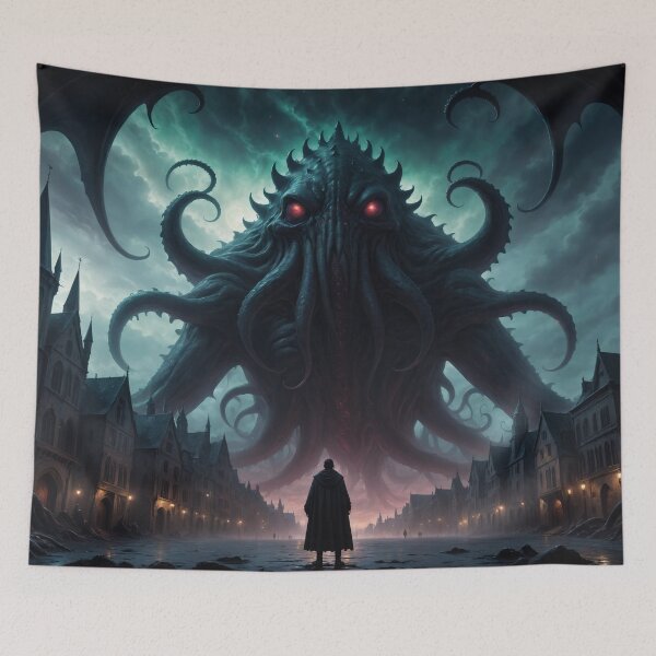 Item preview, A person facing a gigantic cosmic horror above a medieval city - Oil painting style designed and sold by Giuseppe Cammino.