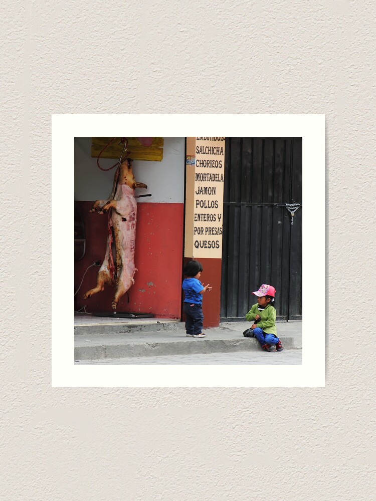 Alternate view of Kids playing in front of butcher shop, Alausi, Ecuador Art Print