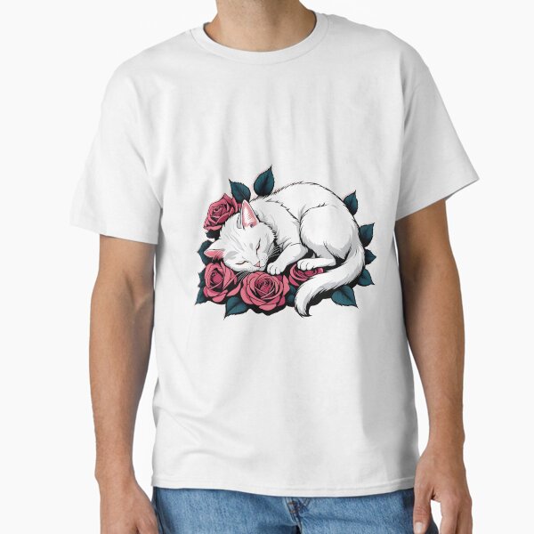 Vista previa del artículo con la obra «Lindo gato blanco durmiendo y rosas», diseñado y vendido por Catophile.