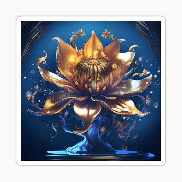 Aperçu de l'œuvre la fleur d'or sur fond bleu, s'ouvrir vers la lumière ,symbolisme philo orientale   créée et vendue par Creativesphotos.