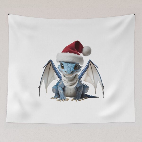 Item preview, Realistic Artwork of a Cute Blue Baby Dragon Wearing a Red Festive Christmas Hat and Scarf designed and sold by CuteopiaGallery.
