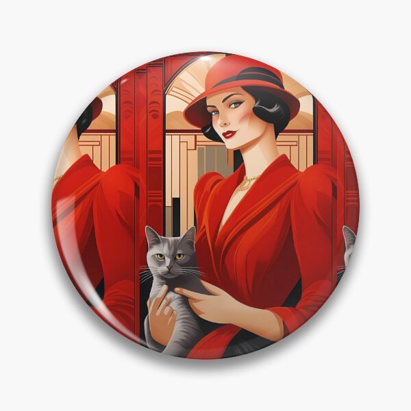 Item preview, I don't go out without my cat! Elegant woman, art deco style, hat and red suit, holding a gray cat designed and sold by Creativesphotos.