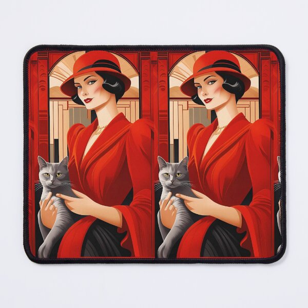 Item preview, I don't go out without my cat! Elegant woman, art deco style, hat and red suit, holding a gray cat designed and sold by Creativesphotos.