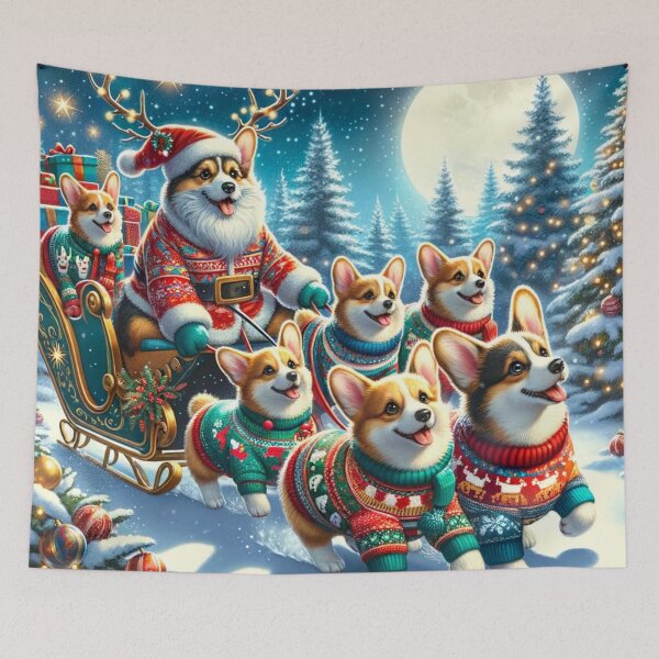 Item preview, Santa Paws and the Merry Corgi Sleigh Team designed and sold by cybercanvasmuse.