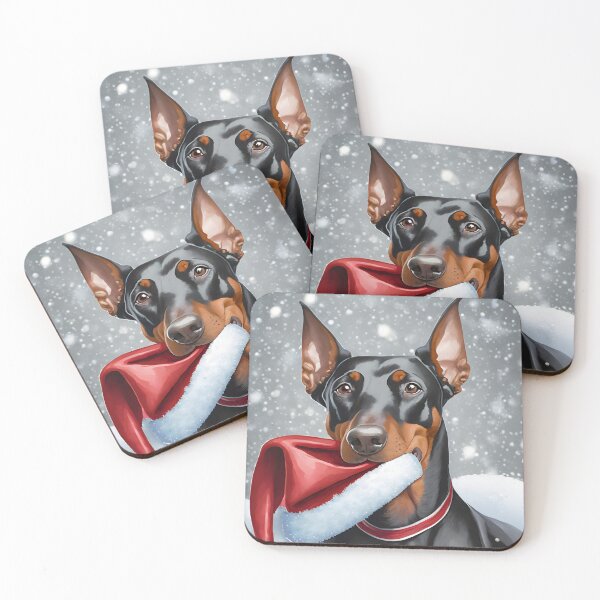 Item preview, Doberman portrait biting a santa hat around snow illustration designed and sold by emaotx.