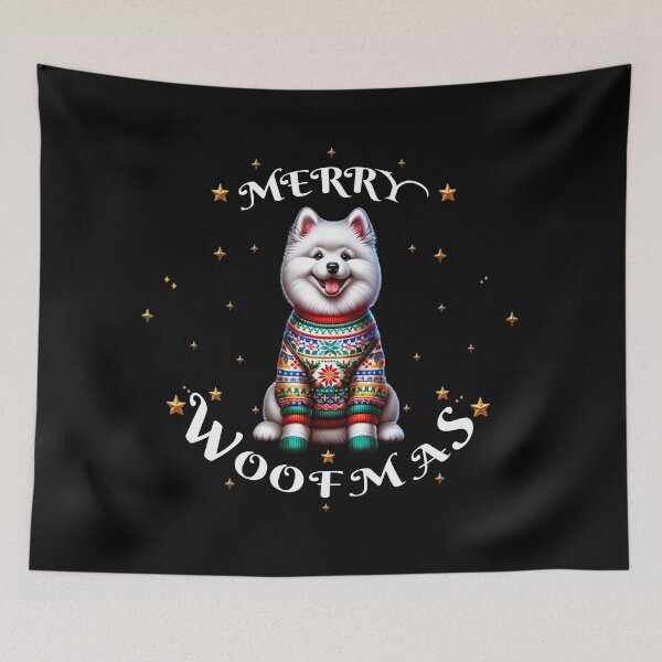 Item preview, Merry Woofmas |Happy American Eskimo Dog in Ugly Christmas Festive Sweater designed and sold by TheMostLikely.