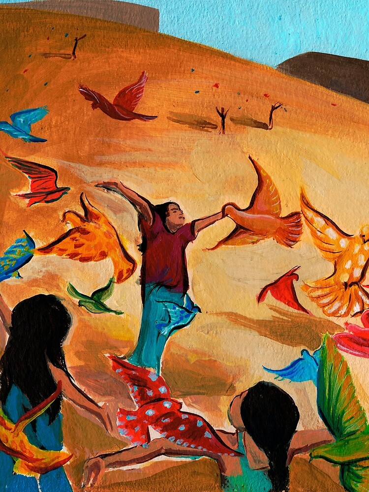 Happy children with Painted birds children's book Illustration by CatarinaGarcia