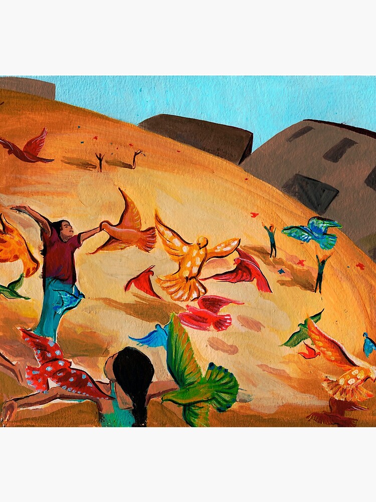 Happy children with Painted birds children's book Illustration by CatarinaGarcia