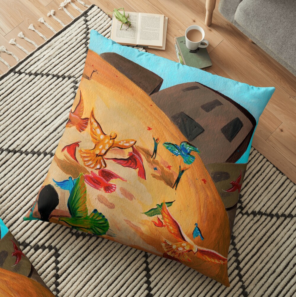 Happy children with Painted birds children's book Illustration Floor Pillow