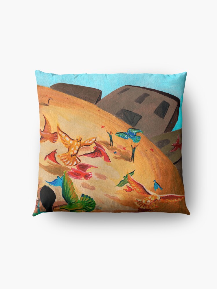 Alternate view of Happy children with Painted birds children's book Illustration Floor Pillow