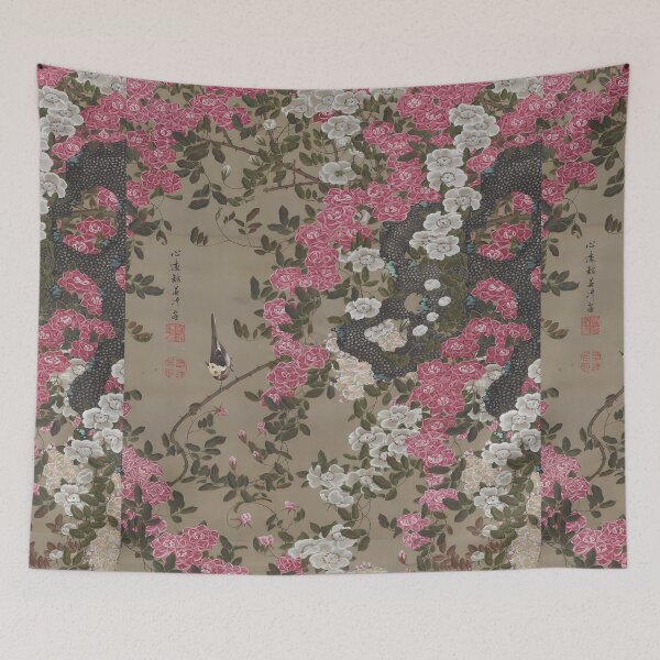 Item preview, Enhanced edition without blue frame: Roses and Small Bird  by Ito Jakuchu designed and sold by EmeraldeaArt.