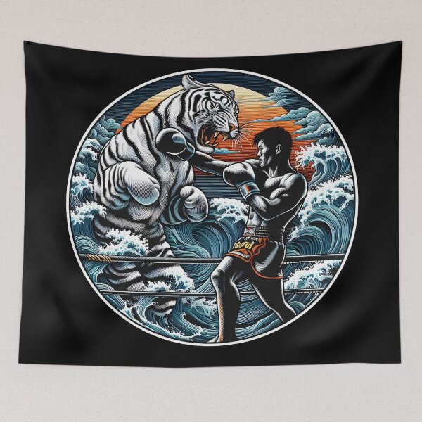 Item preview, Kickboxing Muay Thai Fighter White Tiger Wave designed and sold by RedDesignSyc.