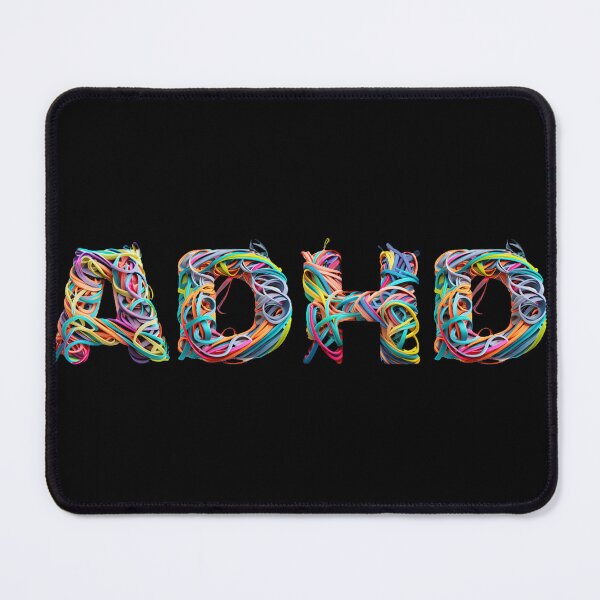 Item preview, The inscription "ADHD" on a black background - a tangle of colorful rubber bands, crazy. designed and sold by My-fake-places.