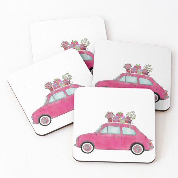 Item preview, Pink Retro Fiat 500 with gifts on roof designed and sold by portosabbia.