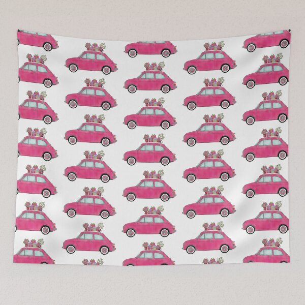 Item preview, Pink Retro Fiat 500 with gifts on roof designed and sold by portosabbia.