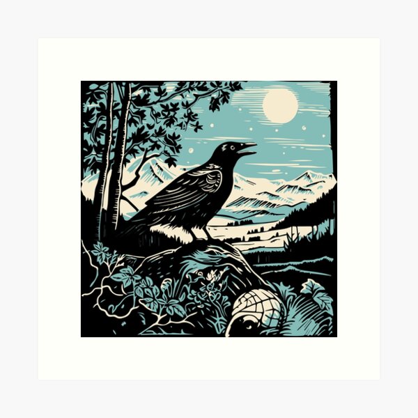 Lino Print, Blue, Fine Art, Illustration, Ink, Lino Cutting, Wall Art,  Block Print, Christmas Gift, Nature, Insects, Birds, Flowers, Hand 