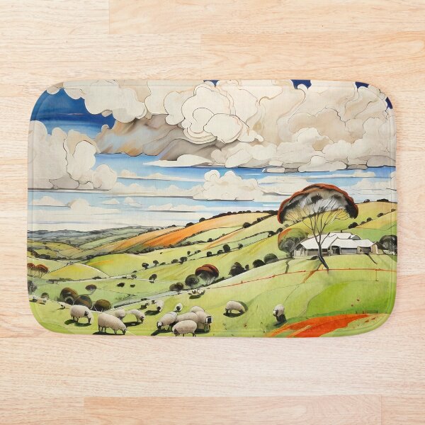 Item preview, sheep and pasture, idyllic countryside farm scenery illustration designed and sold by boyangyang.