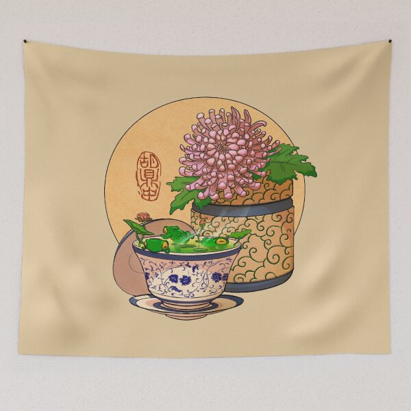 Item preview, tea cup chrysanthemum flower frog yellow bg designed and sold by DingHuArt.