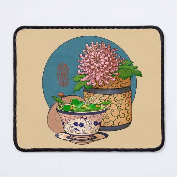 Item preview, tea cup chrysanthemum flower frog blue bg designed and sold by DingHuArt.