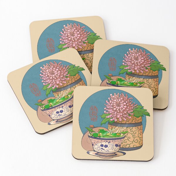 Item preview, tea cup chrysanthemum flower frog blue bg designed and sold by DingHuArt.