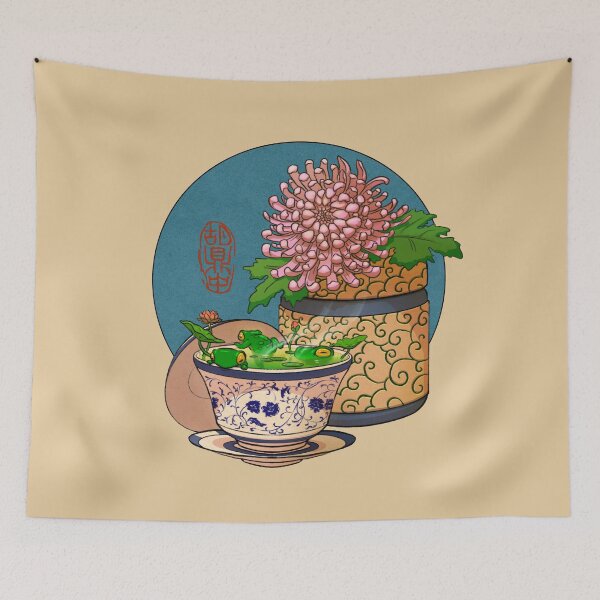 Item preview, tea cup chrysanthemum flower frog blue bg designed and sold by DingHuArt.
